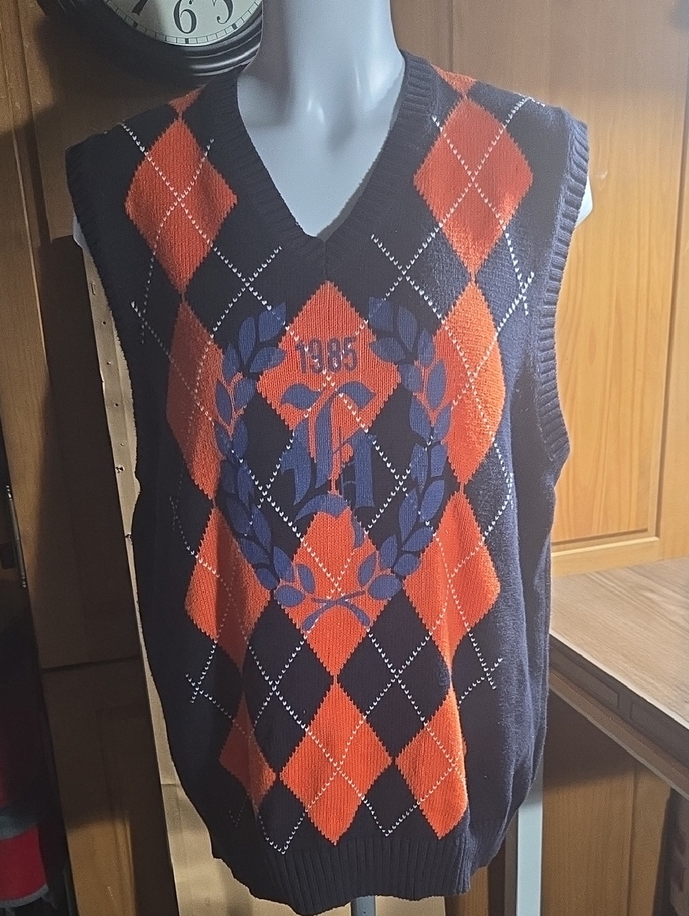 Tommy Hilfiger Navy and Orange Argyle V-Neck Sweater Vest
